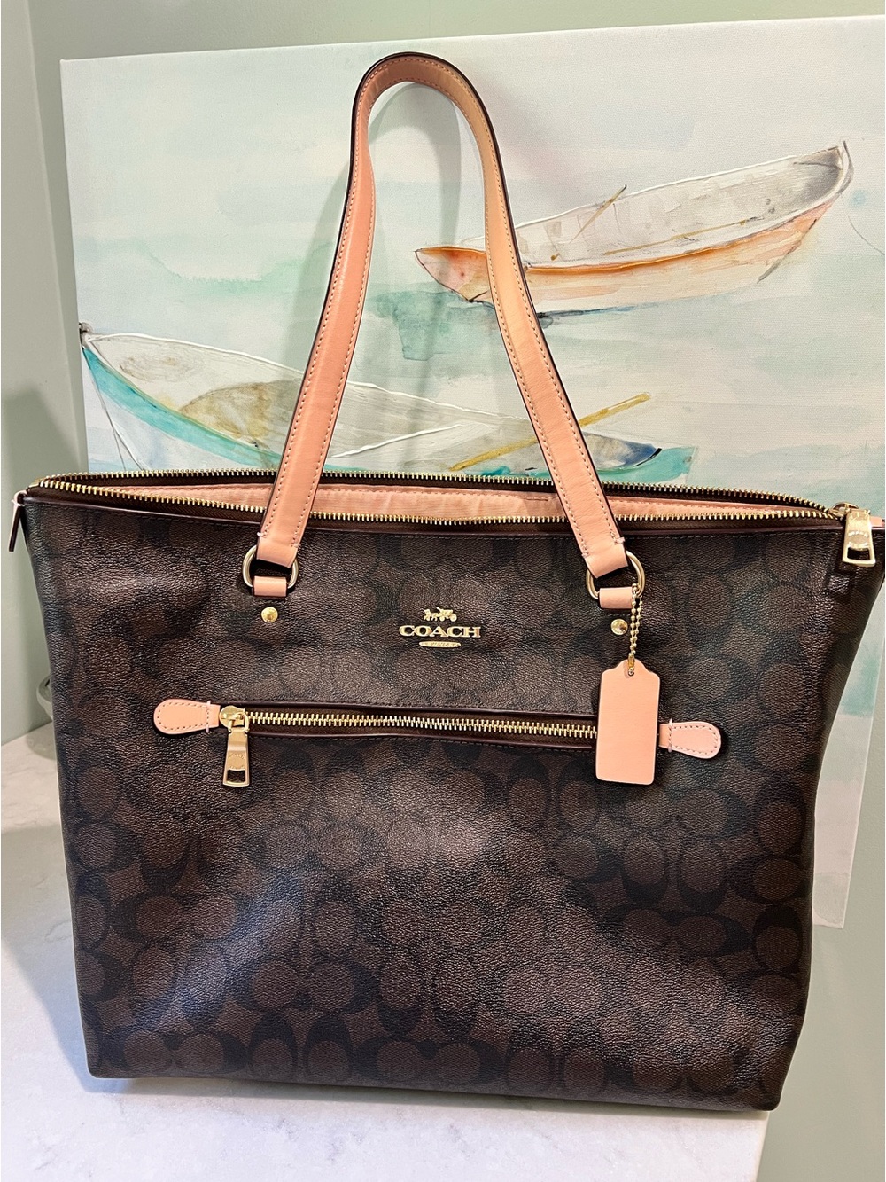Coach Brown Signature Canvas Tote with Pink Leather Handles